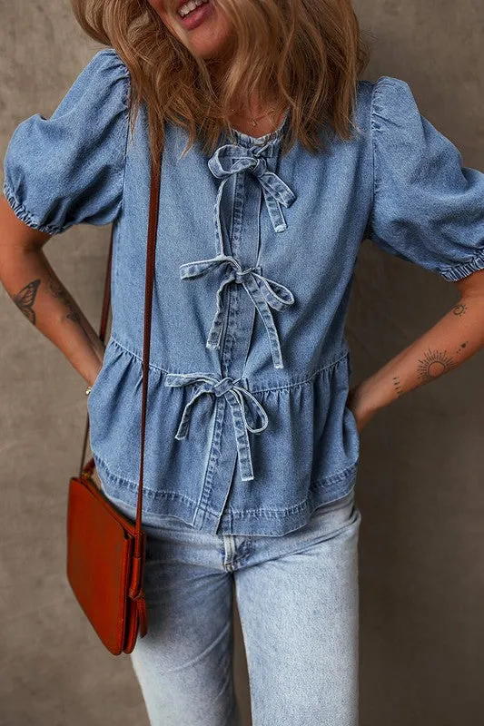 Blue Tied Front Bubble Sleeve Peplum Denim Shirt sold by Charming Charlie