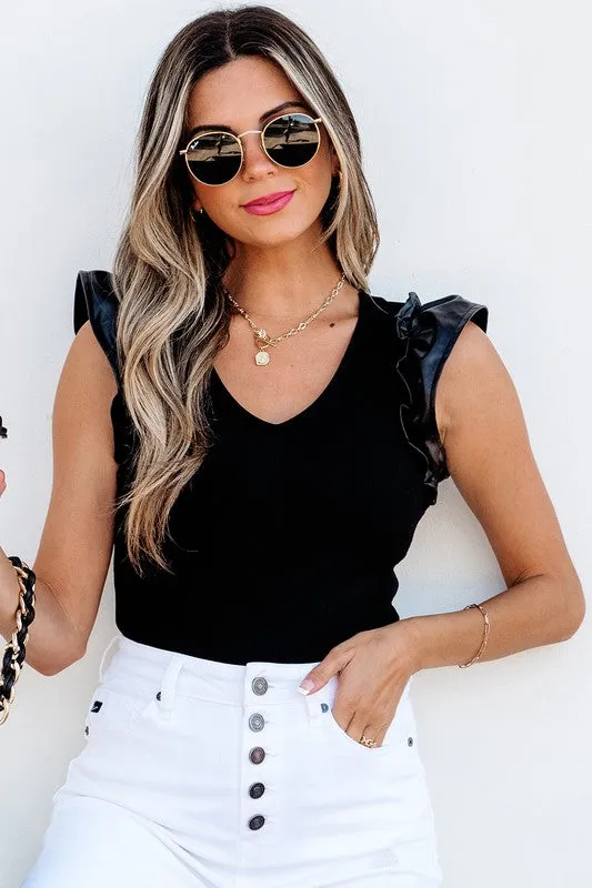 Ruffle Patchwork Ribbed V Neck Bodysuit sold by Charming Charlie