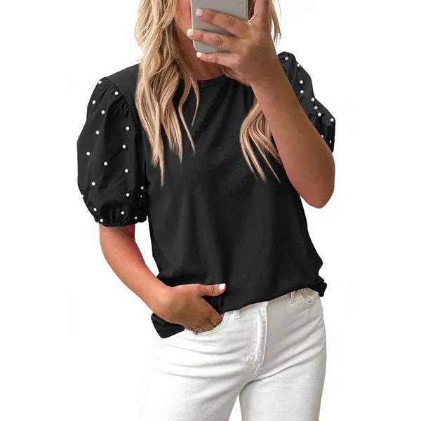 Ribbed Pearl Beaded Puff Sleeve Top sold by Charming Charlie product image thumbnail 2