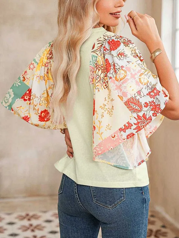 Cotton Beige Floral Patchwork Angel Sleeve Blouse sold by Charming Charlie