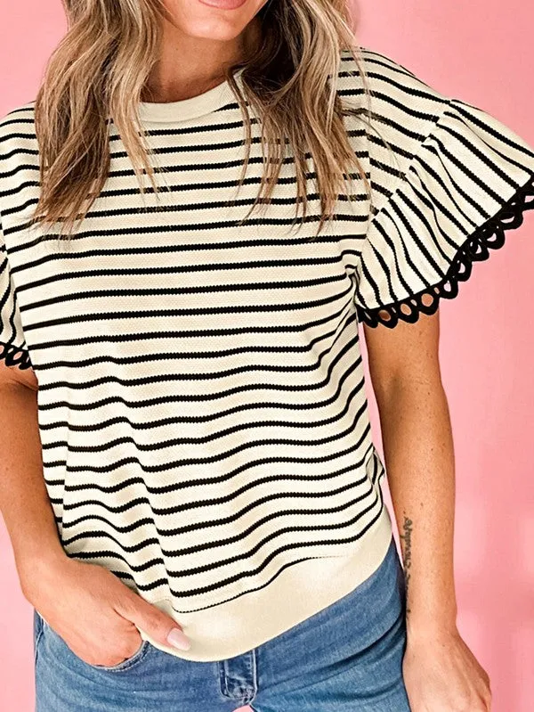 Cotton Stripe Scallop Lace Ruffle Sleeves Top sold by Charming Charlie product image thumbnail 5