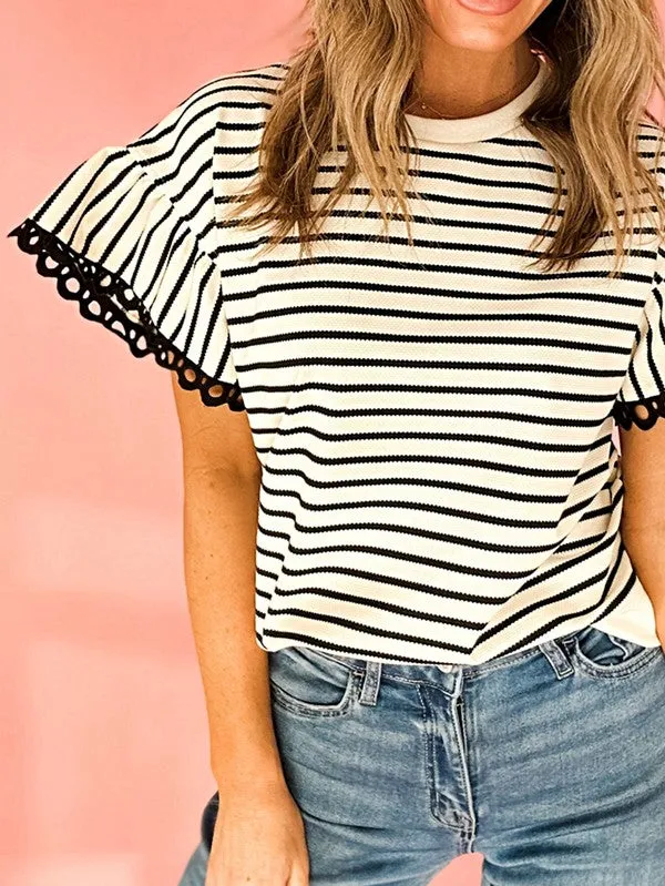 Cotton Stripe Scallop Lace Ruffle Sleeves Top sold by Charming Charlie