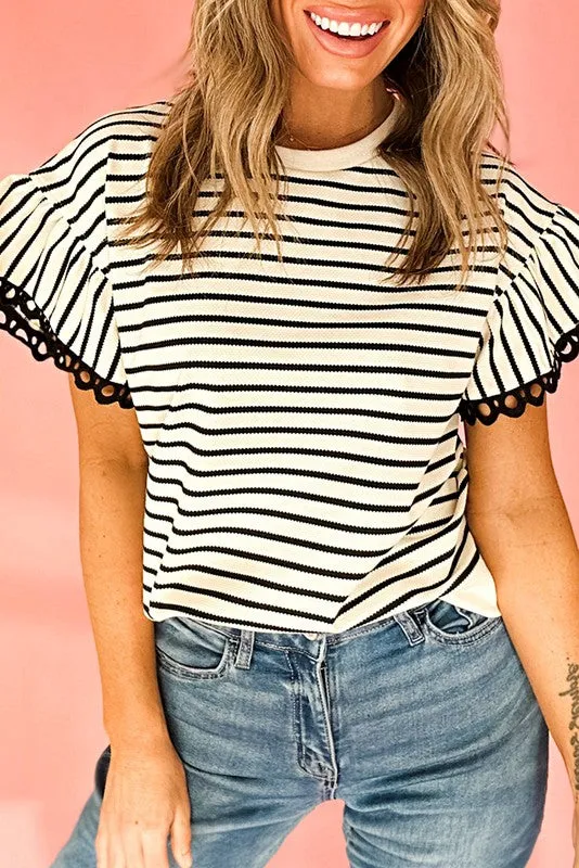 Cotton Stripe Scallop Lace Ruffle Sleeves Top sold by Charming Charlie product image thumbnail 3