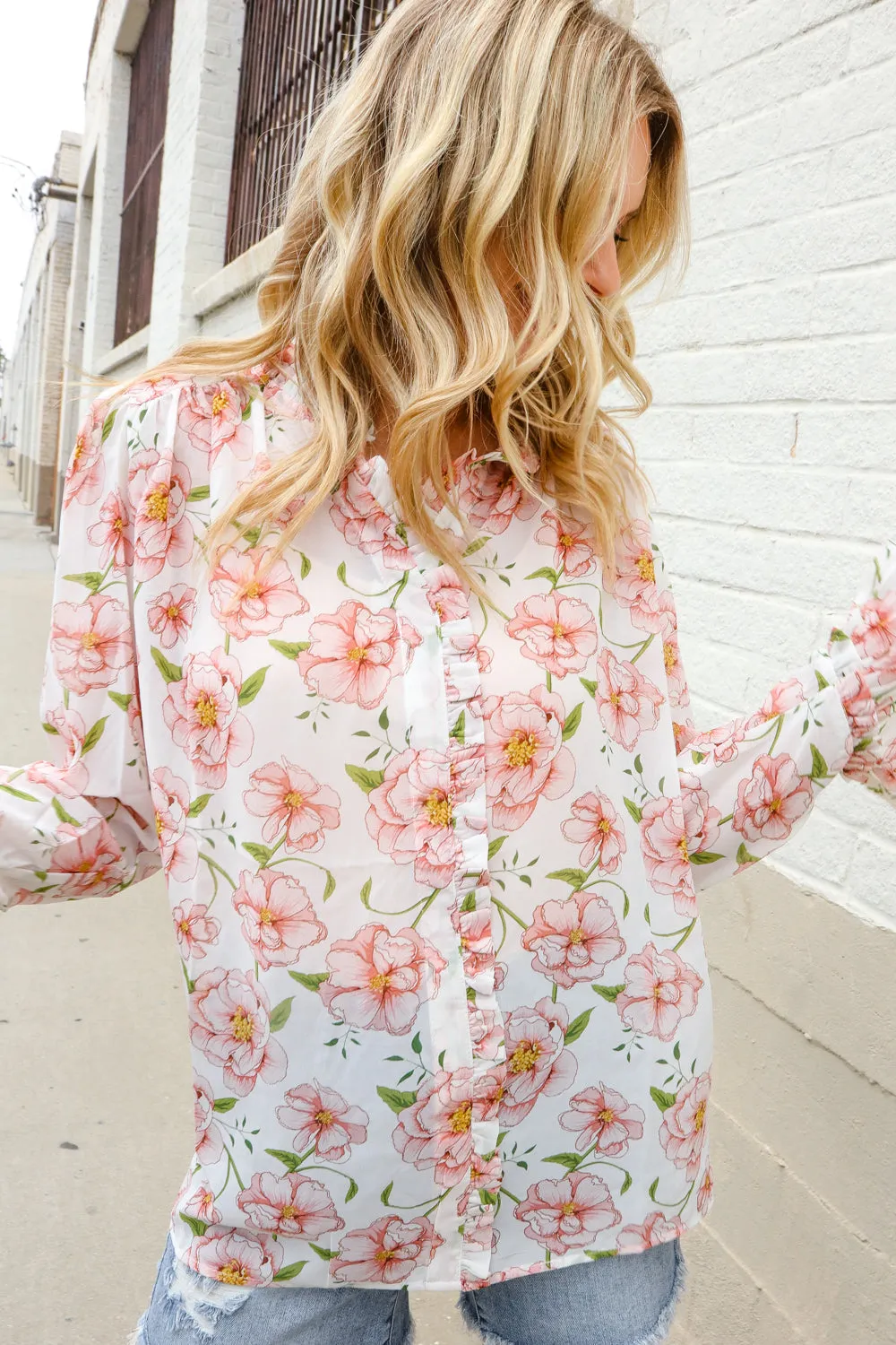 The Feminine Touch Chiffon Button-Down Floral Ruffle Sleeve Blouse sold by Charming Charlie product image thumbnail 5