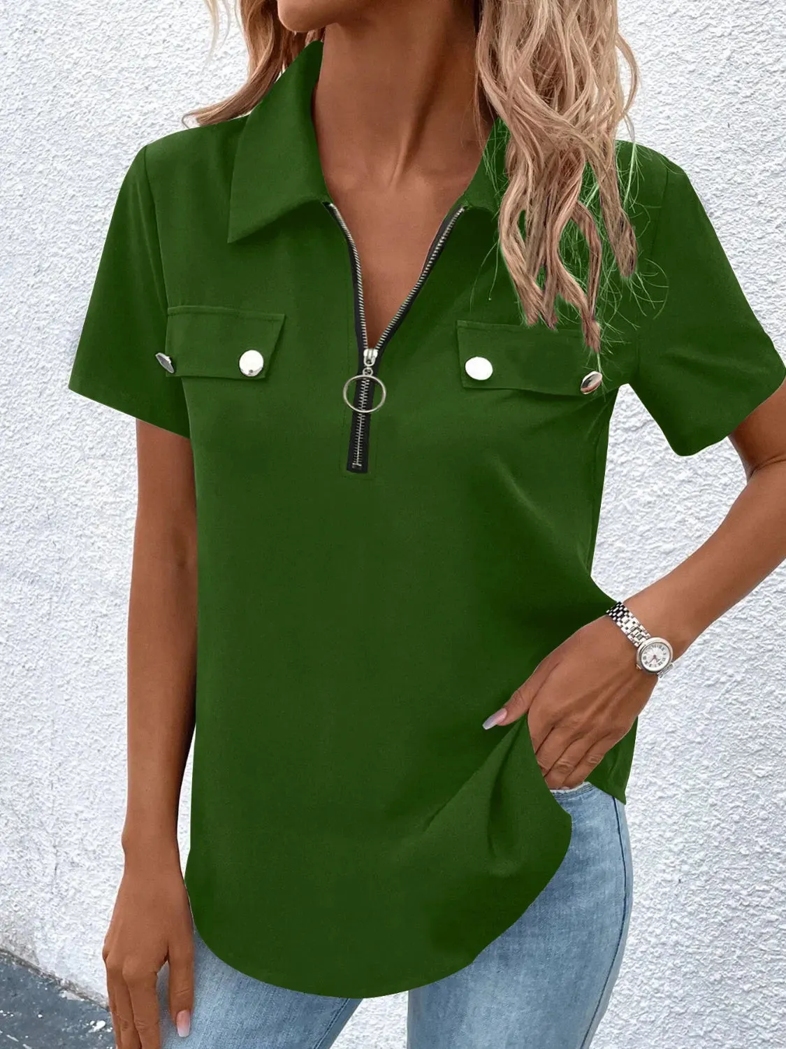 Zip Collar Short Sleeve Top sold by Charming Charlie