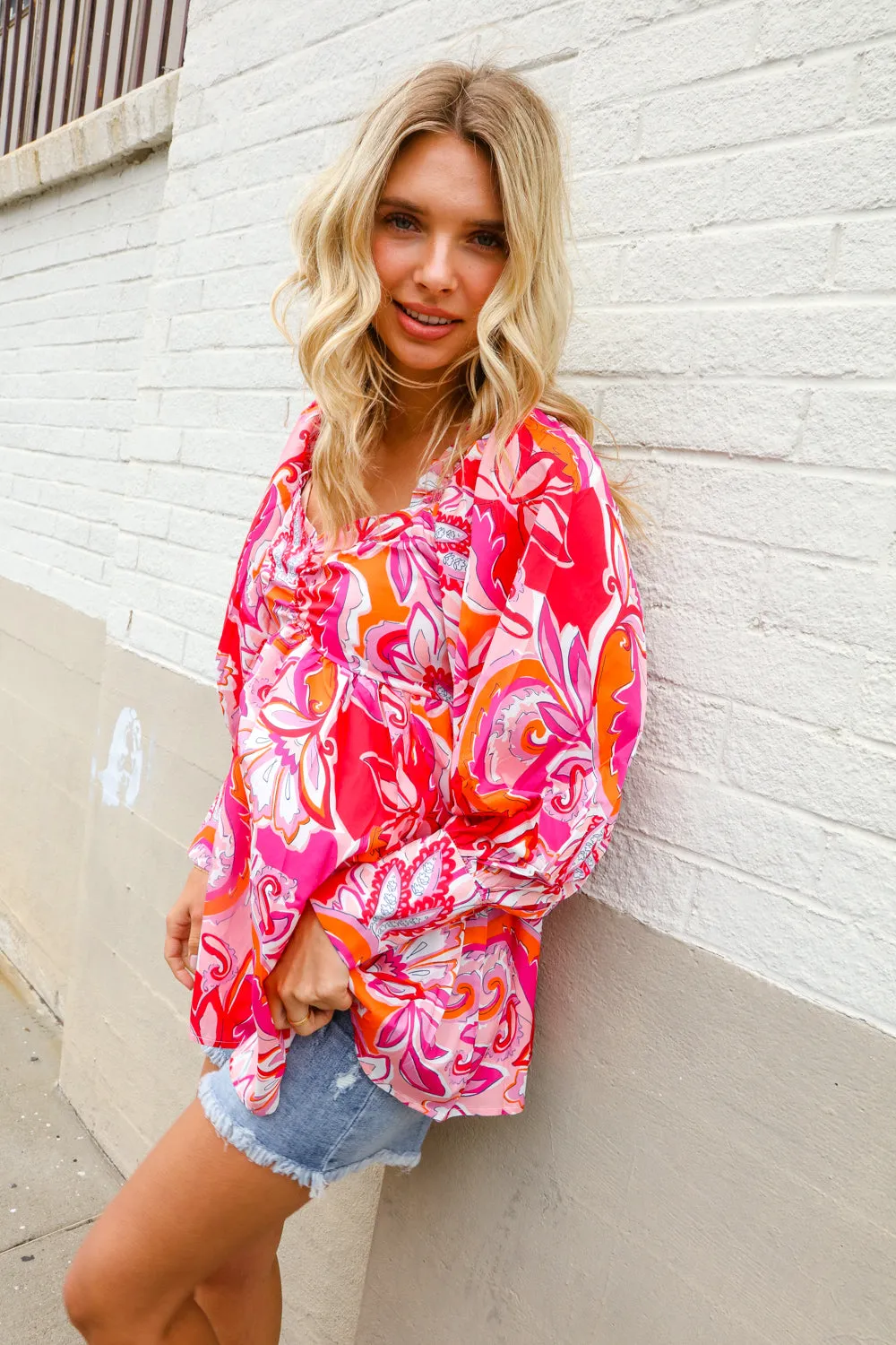 All For You Red Silky Floral Print Sweetheart Neck Long Sleeve Blouse sold by Charming Charlie product image thumbnail 4