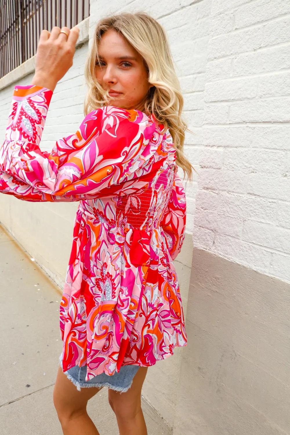 All For You Red Silky Floral Print Sweetheart Neck Long Sleeve Blouse sold by Charming Charlie product image thumbnail 2