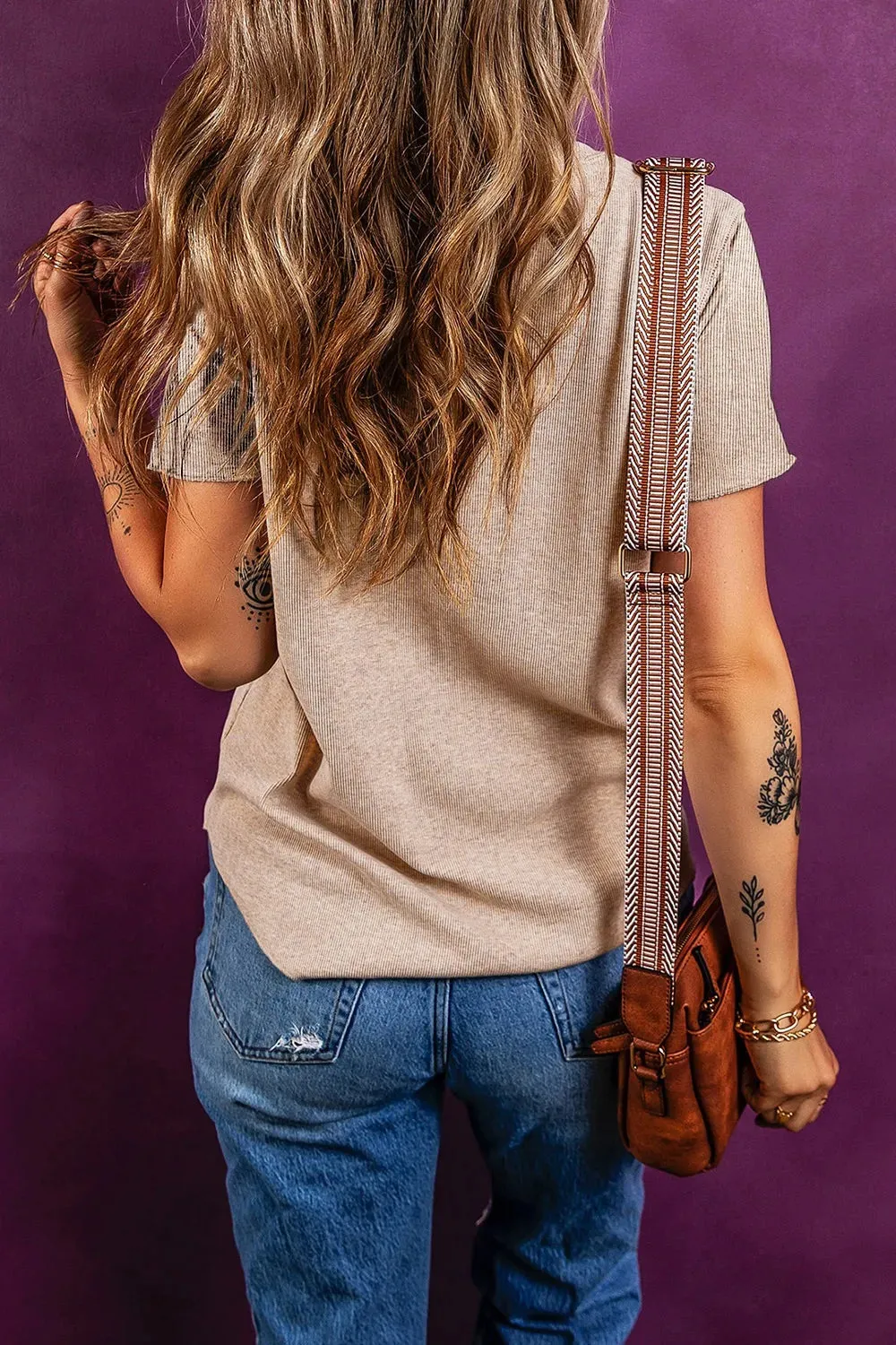 Short Sleeve Half Button Ribbed Knit Top sold by Charming Charlie product image thumbnail 2