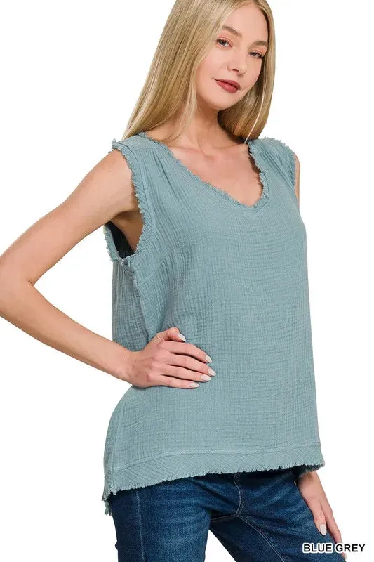 Zenana Double Gauze Raw Edge V-Neck Tank sold by Charming Charlie product image thumbnail 2