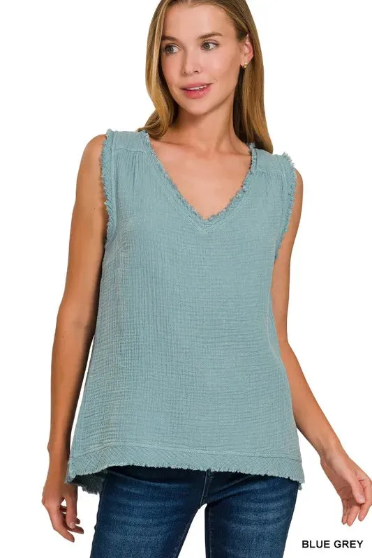 Zenana Double Gauze Raw Edge V-Neck Tank sold by Charming Charlie