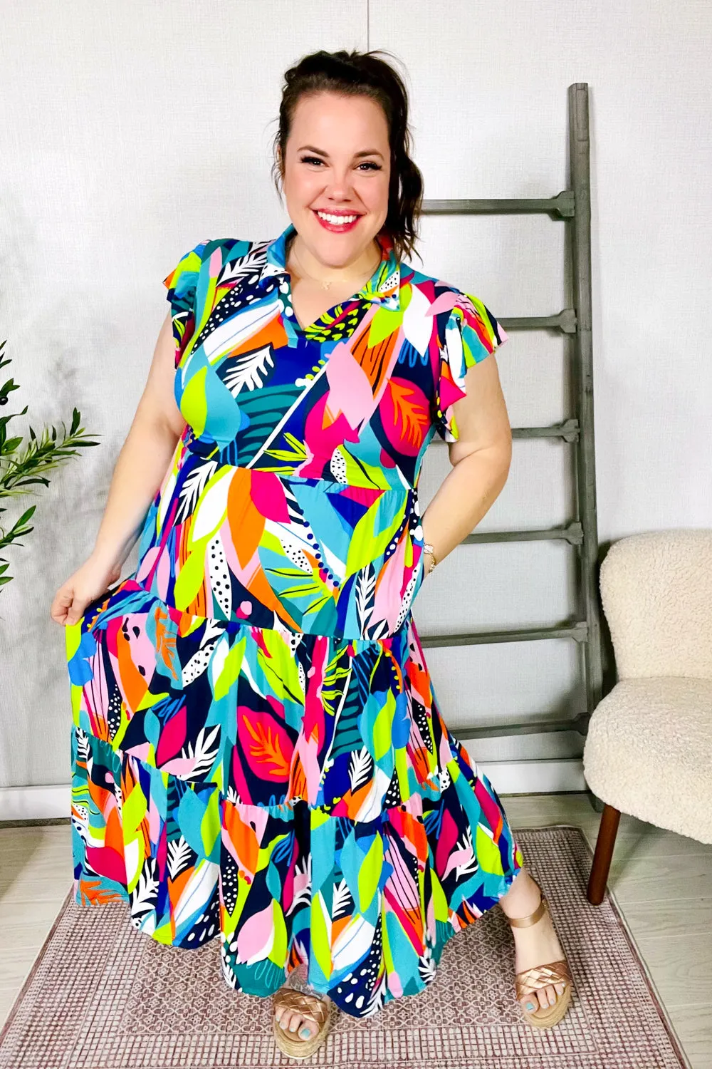 PLUS Feel Your Best Tropical Floral Collar V Neck Midi Dress sold by Charming Charlie