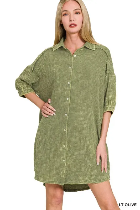 Zenana Washed Double Gauze Button Down Shirt Dress sold by Charming Charlie