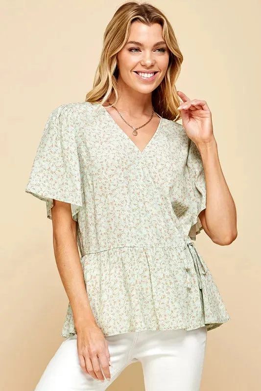 Lime 'N' Chili Ditsy Print V-Neck Short Sleeve Wrap Blouse sold by Charming Charlie