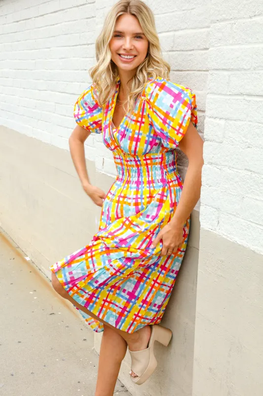 Charming in Multicolor Cotton Plaid Puff Sleeve Sweetheart Neck Dress sold by Charming Charlie