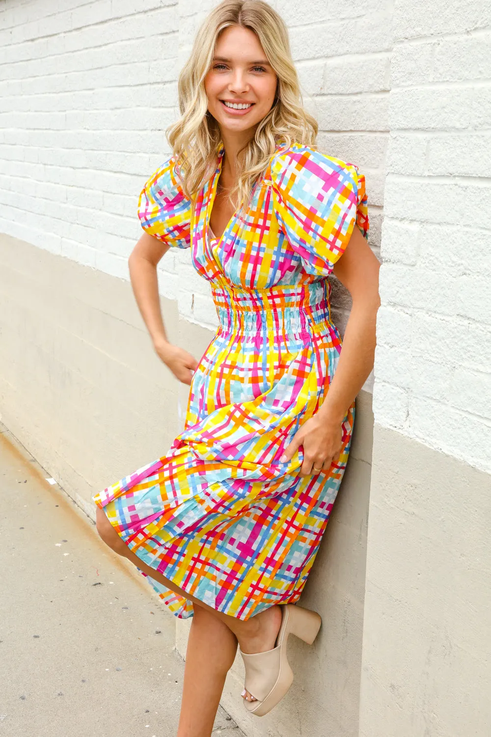 Charming in Multicolor Cotton Plaid Puff Sleeve Sweetheart Neck Dress sold by Charming Charlie