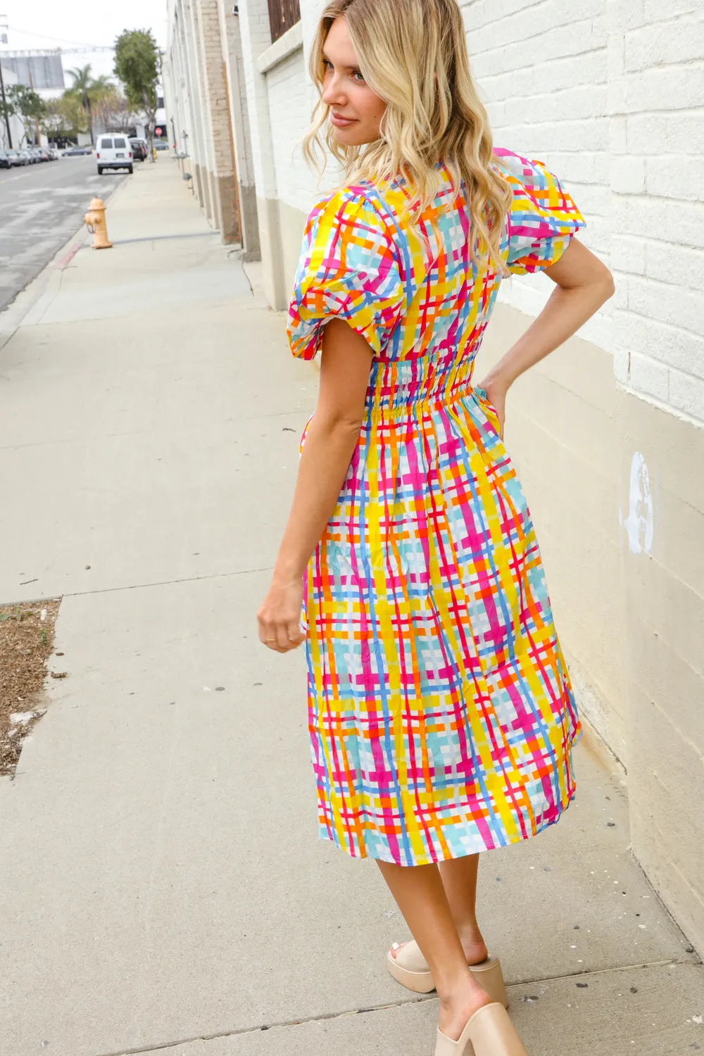 Charming in Multicolor Cotton Plaid Puff Sleeve Sweetheart Neck Dress sold by Charming Charlie product image thumbnail 2