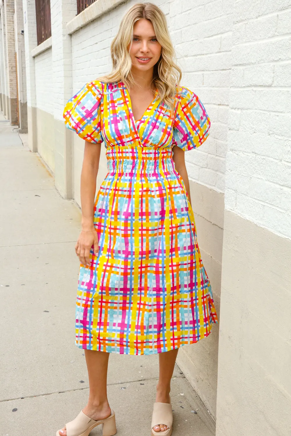 Charming in Multicolor Cotton Plaid Puff Sleeve Sweetheart Neck Dress sold by Charming Charlie product image thumbnail 3