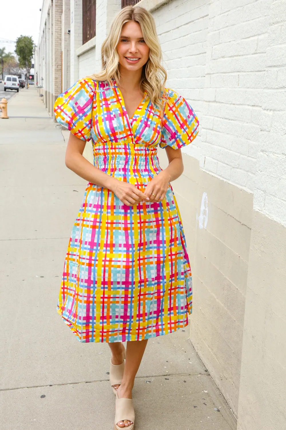 Charming in Multicolor Cotton Plaid Puff Sleeve Sweetheart Neck Dress sold by Charming Charlie product image thumbnail 5