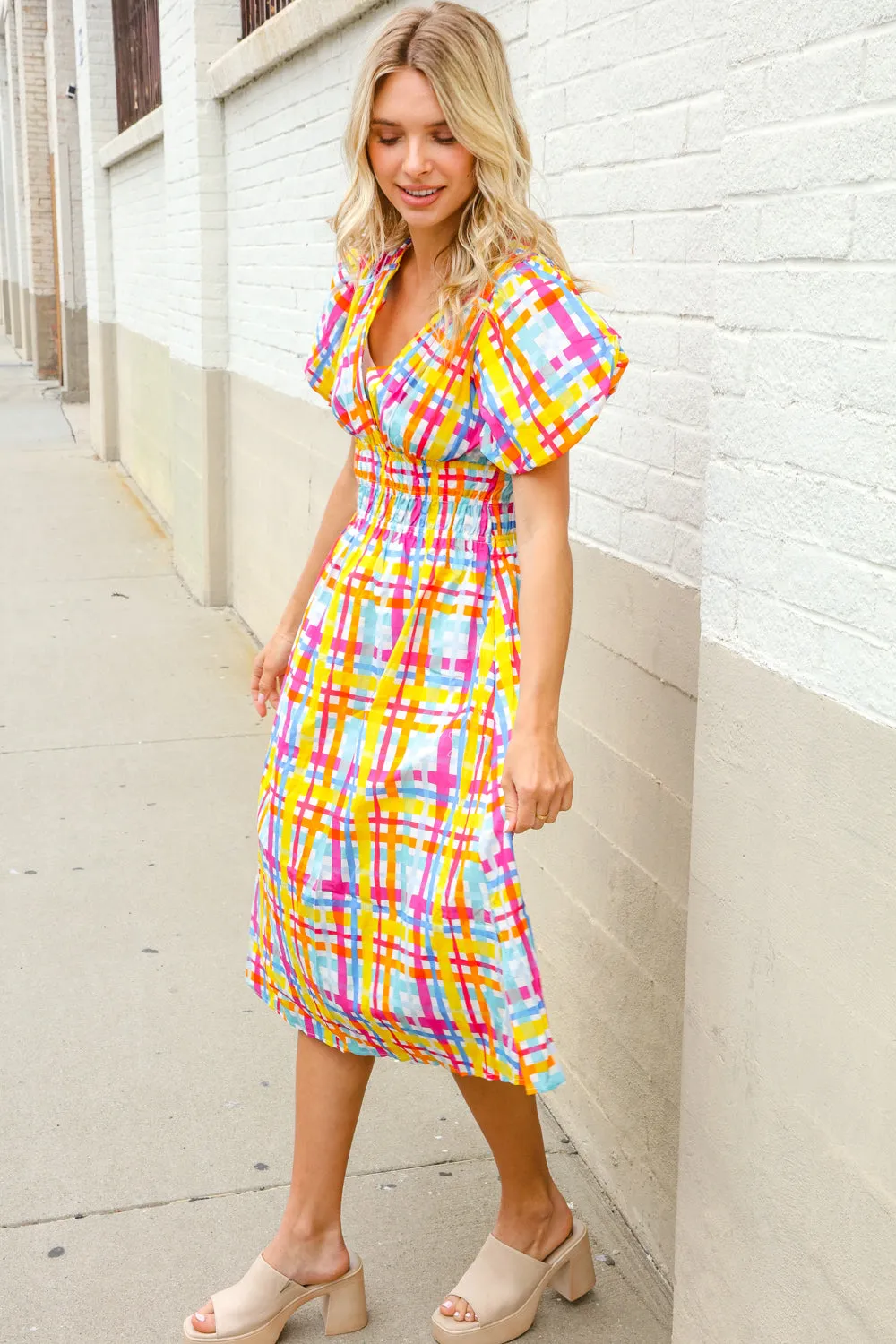 Charming in Multicolor Cotton Plaid Puff Sleeve Sweetheart Neck Dress sold by Charming Charlie product image thumbnail 4