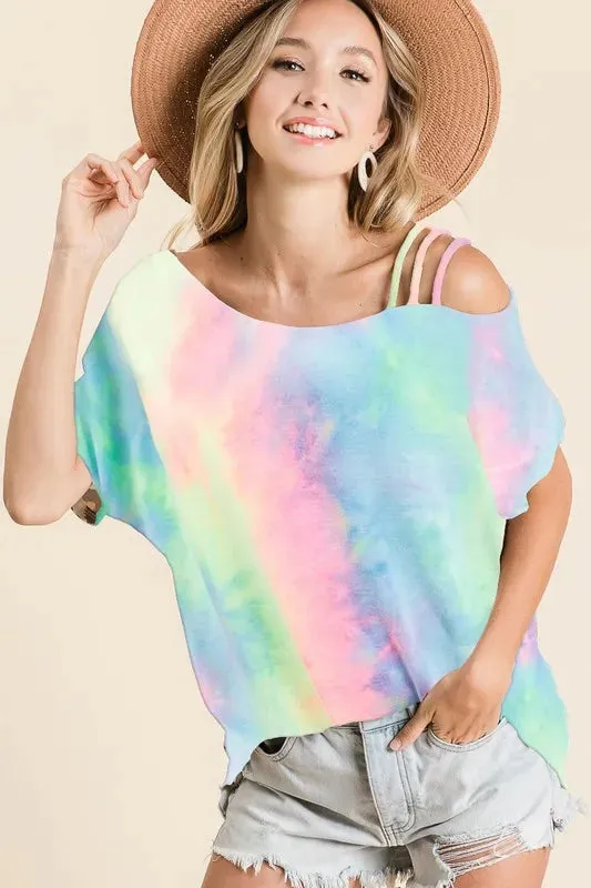 BiBi Tie Dye French Terry Strapped One Shoulder Top sold by Charming Charlie
