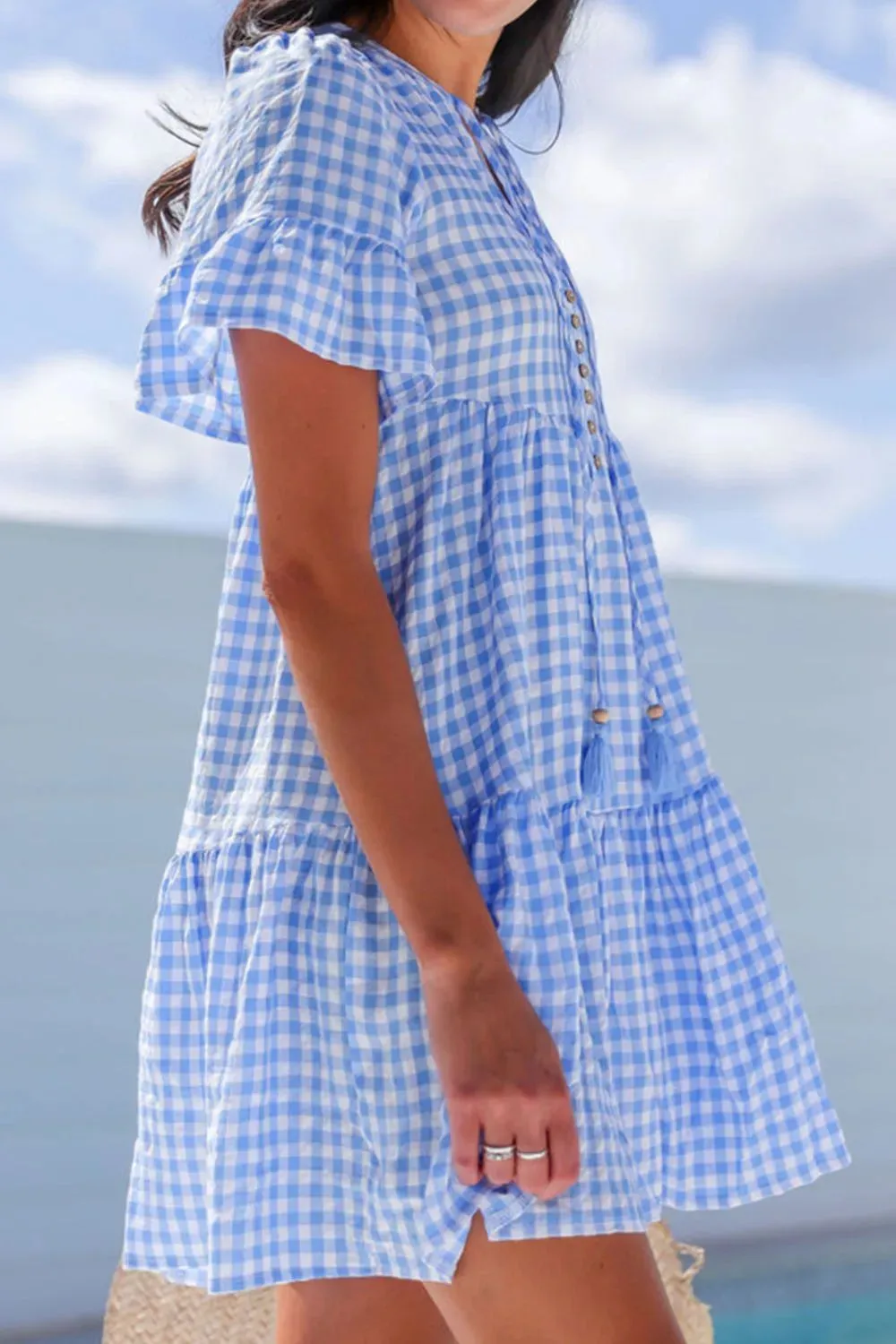 Gingham Short Sleeve Button Tie Split Neck Loose Mini Dress sold by Charming Charlie product image thumbnail 4