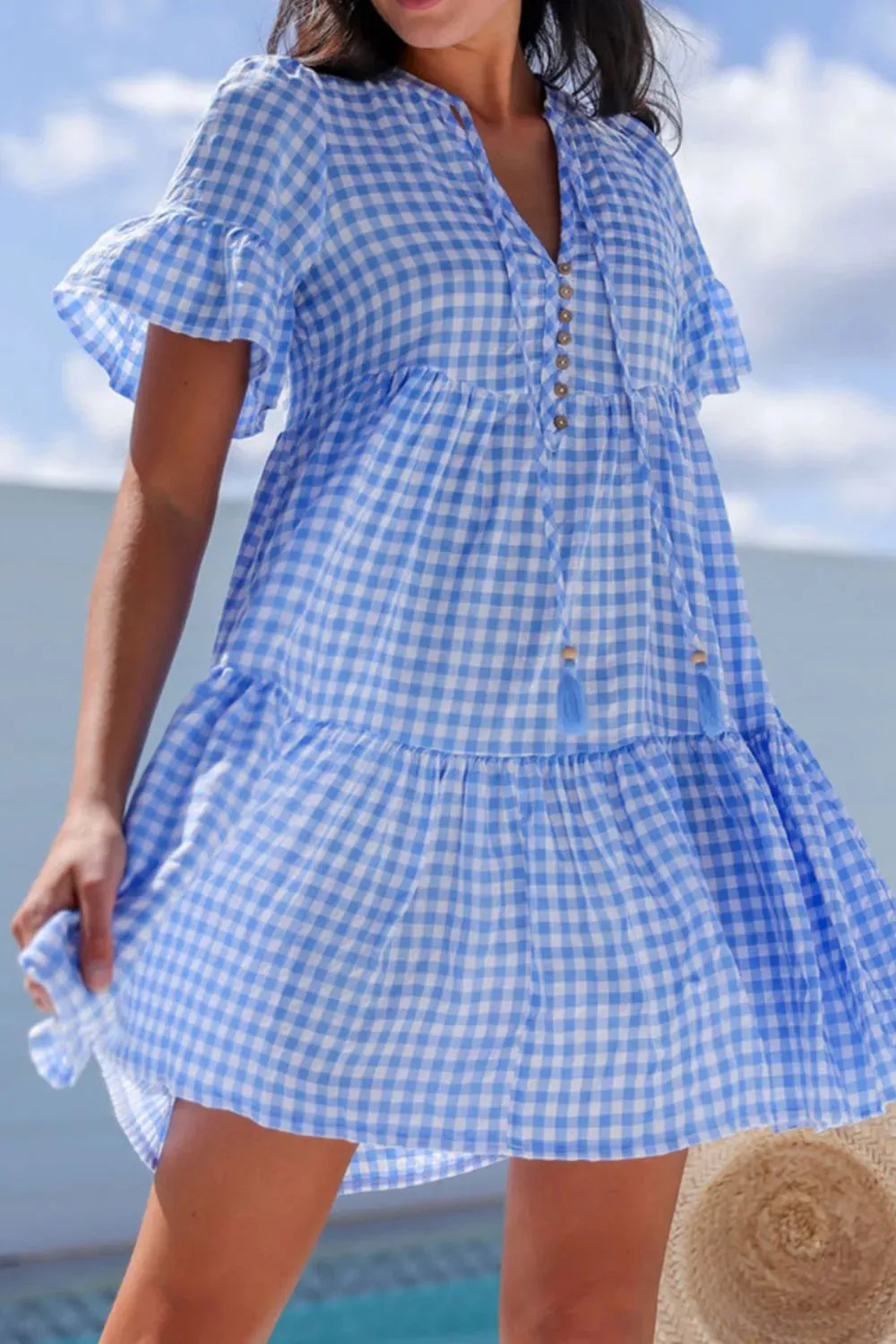 Gingham Short Sleeve Button Tie Split Neck Loose Mini Dress sold by Charming Charlie product image thumbnail 3