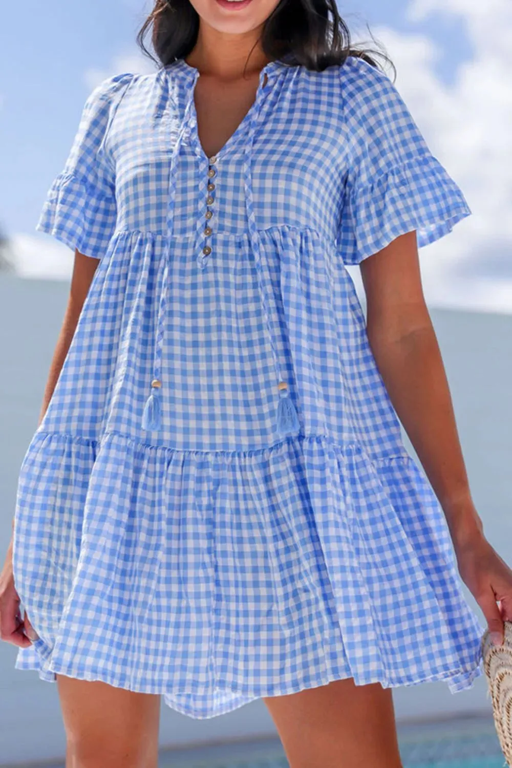 Gingham Short Sleeve Button Tie Split Neck Loose Mini Dress sold by Charming Charlie
