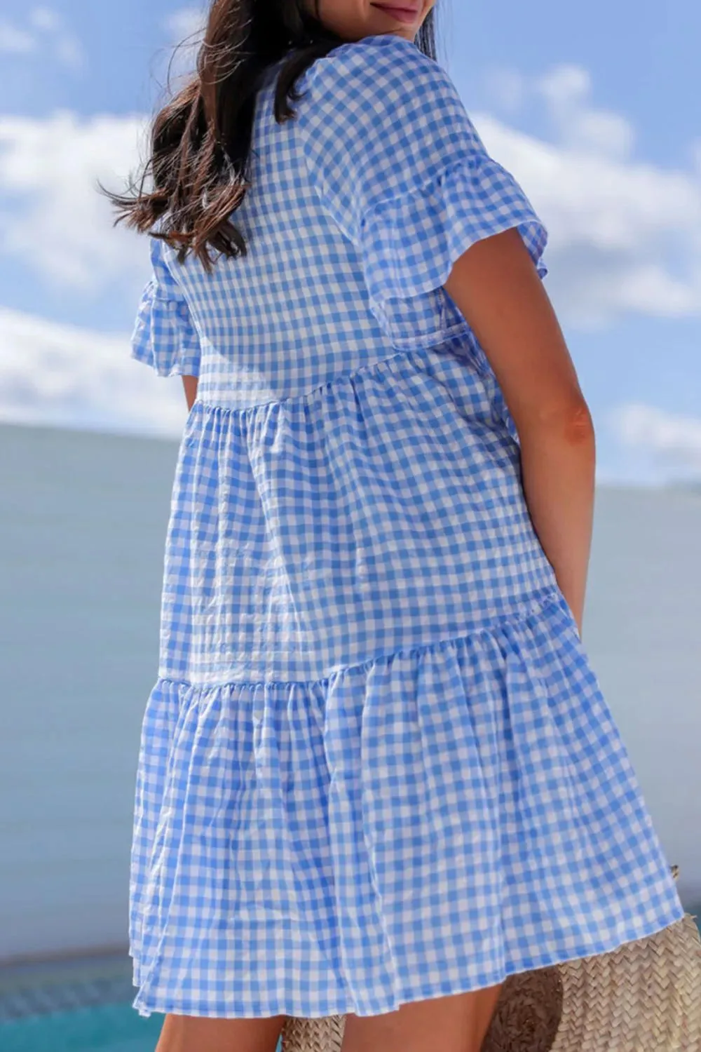 Gingham Short Sleeve Button Tie Split Neck Loose Mini Dress sold by Charming Charlie product image thumbnail 2