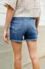 Judy Blue Medium Blue Mid Rise Fray Distressed Denim Shorts sold by Charming Charlie