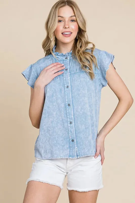 Lime 'N' Chili Mineral Wash Flutter Sleeve Button Down Shirt sold by Charming Charlie product image thumbnail 5