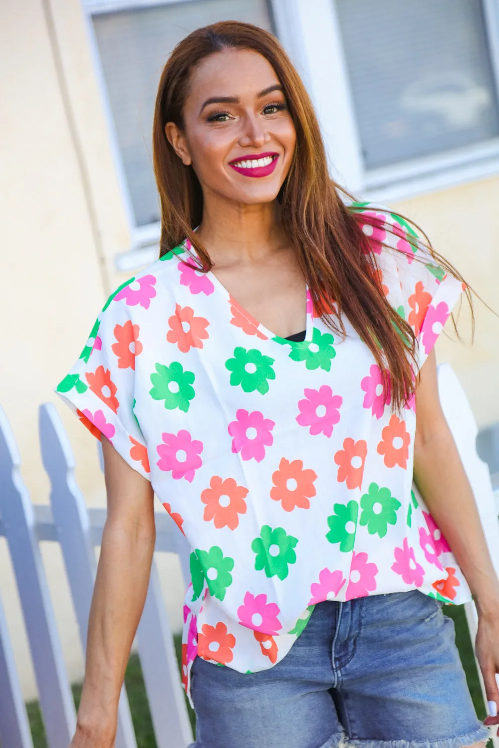 Spring Vibes White/Multicolor Floral Print V Neck Short Sleeve Top sold by Charming Charlie product image thumbnail 5