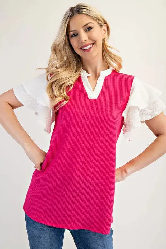 Celeste Full Size Solid Color Top with Ruffle Layered Sleeves Plus Size sold by Charming Charlie product image thumbnail 5