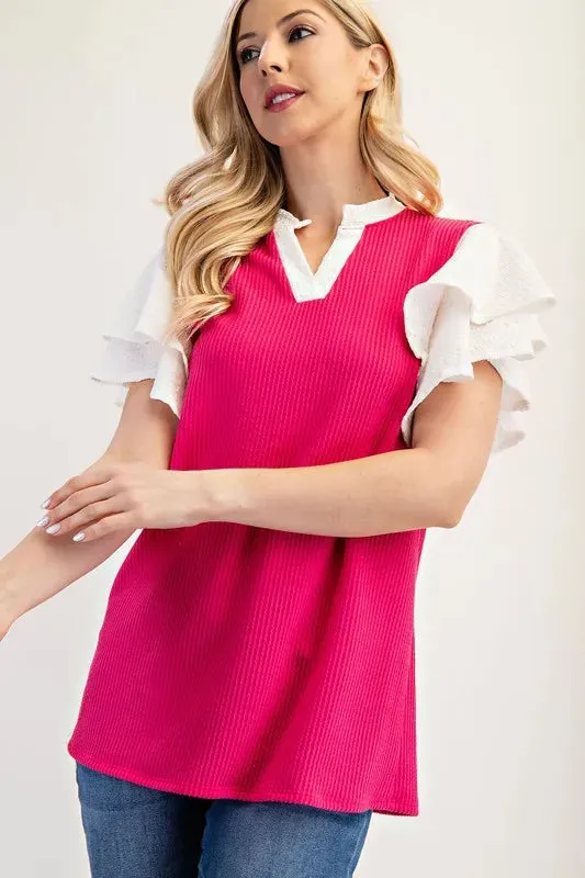 Celeste Full Size Solid Color Top with Ruffle Layered Sleeves Plus Size sold by Charming Charlie