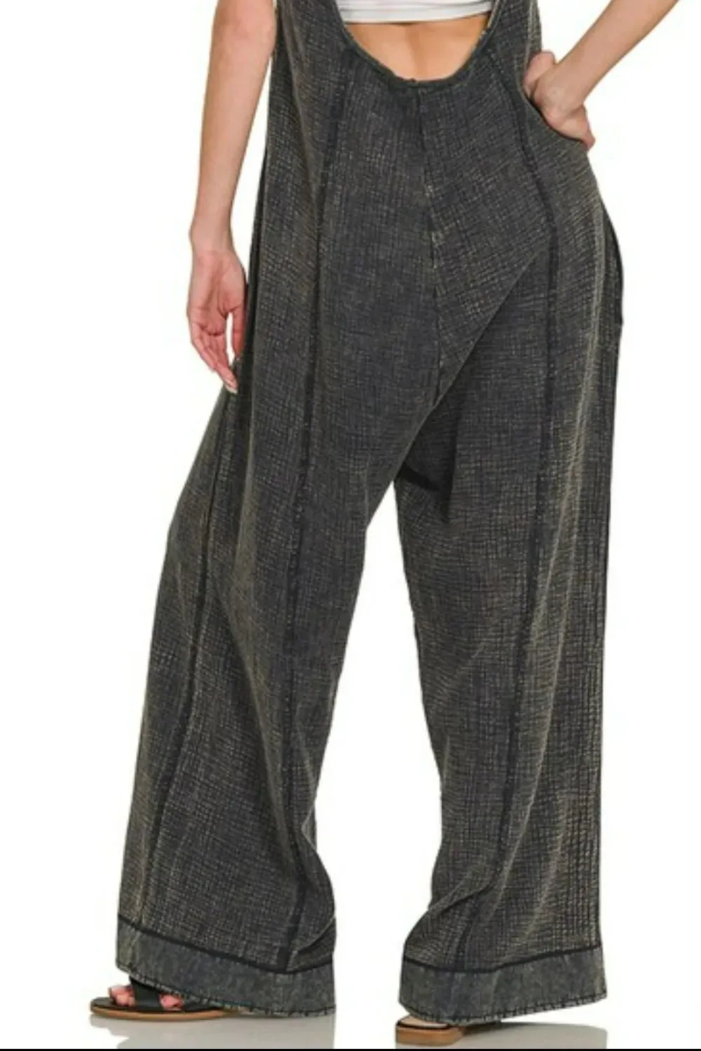 Zenana Double Gauze Washed Wide Leg Overalls sold by Charming Charlie product image thumbnail 3
