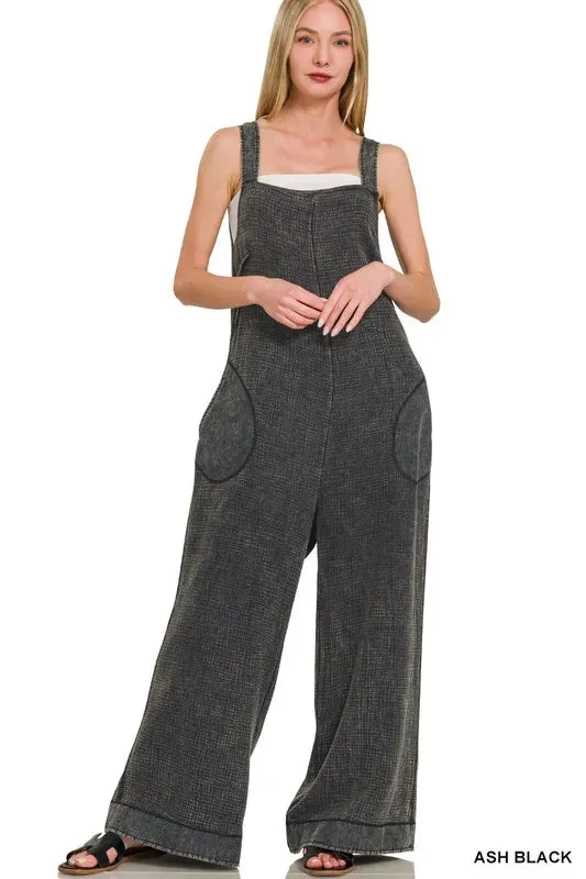 Zenana Double Gauze Washed Wide Leg Overalls sold by Charming Charlie