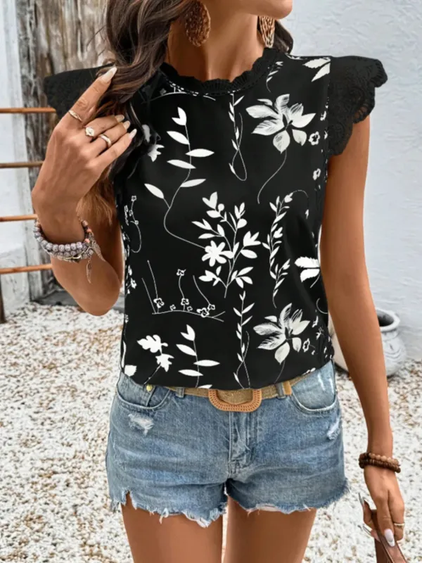 Lace Detail Printed Cap Sleeve Blouse sold by Charming Charlie