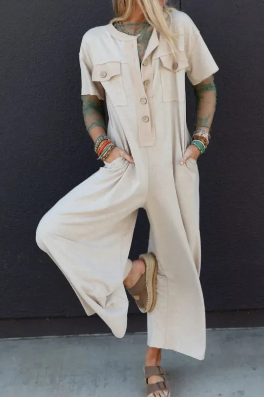 Pocket Front Short Sleeve Wide Leg Jumpsuit sold by Charming Charlie
