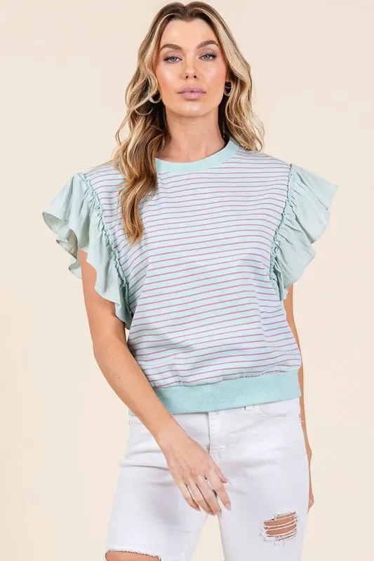 Lime 'N' Chili Striped Contrast Ruffle Detail Sleeveless Top sold by Charming Charlie
