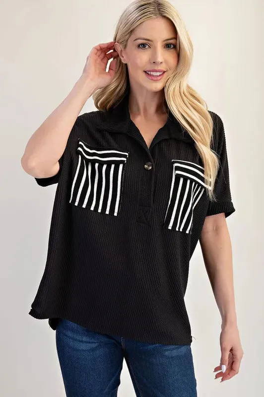 Celeste Full Size Rib Knit Collared Top with Striped Pockets Plus Size sold by Charming Charlie product image thumbnail 3