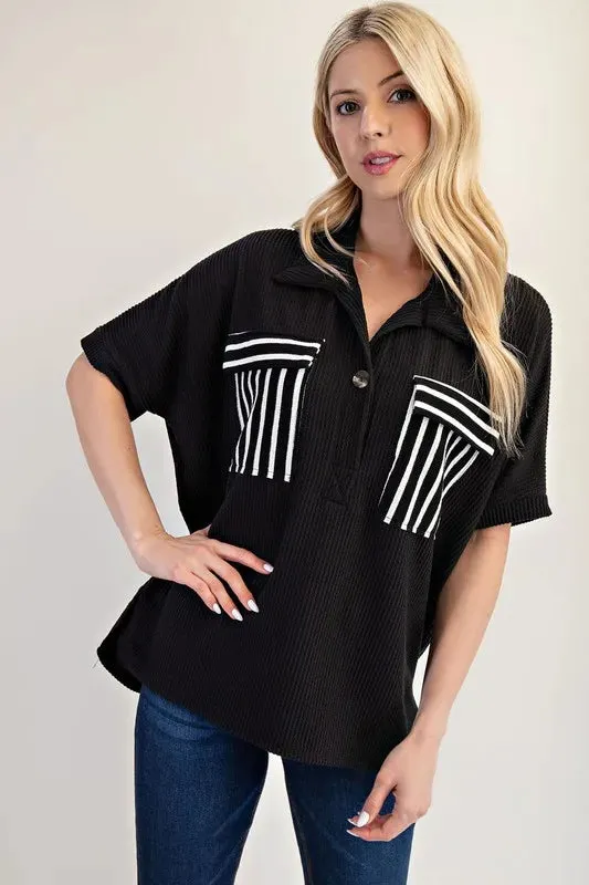 Celeste Full Size Rib Knit Collared Top with Striped Pockets Plus Size sold by Charming Charlie