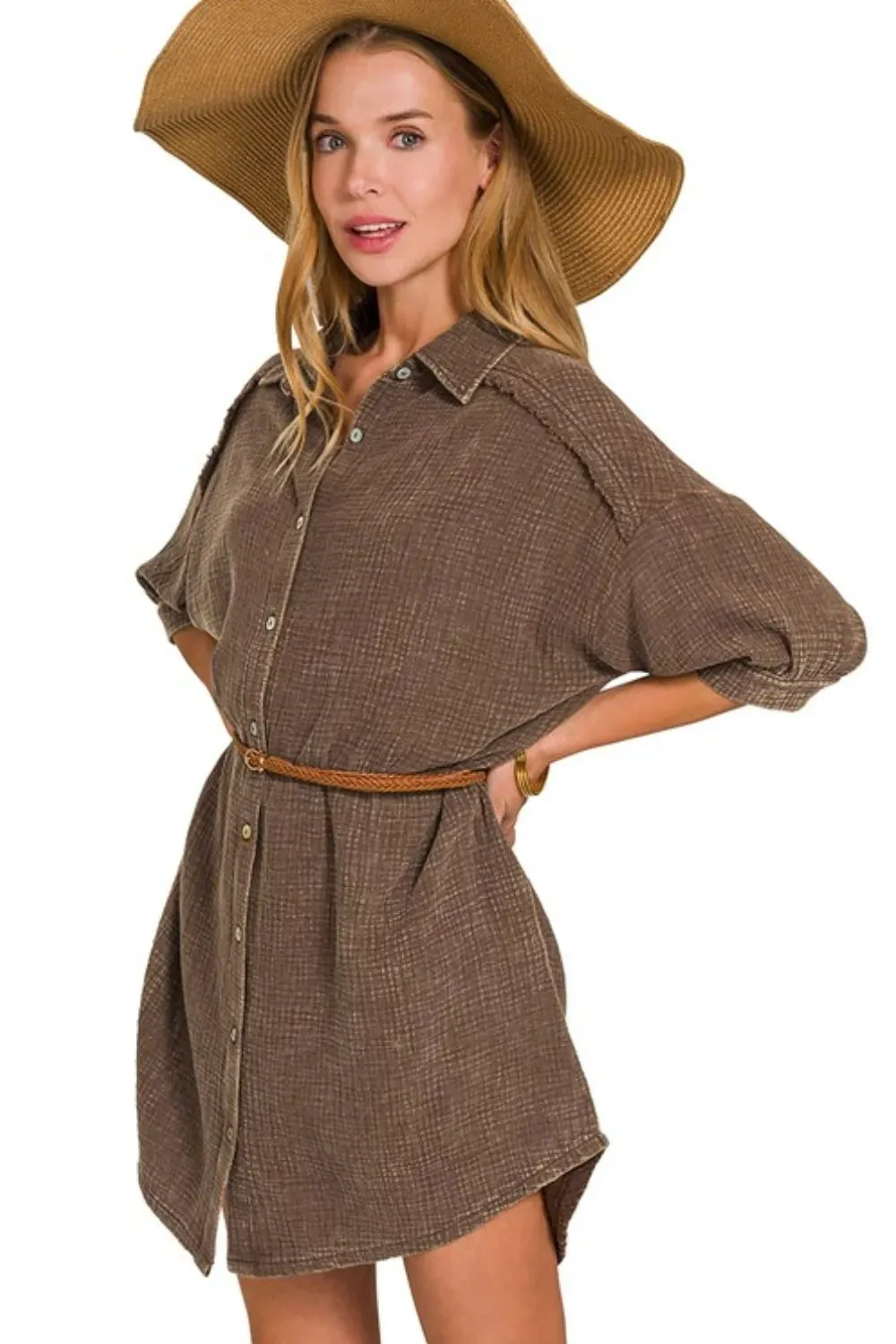 Zenana Washed Double Gauze Button Down Shirt Dress sold by Charming Charlie product image thumbnail 2
