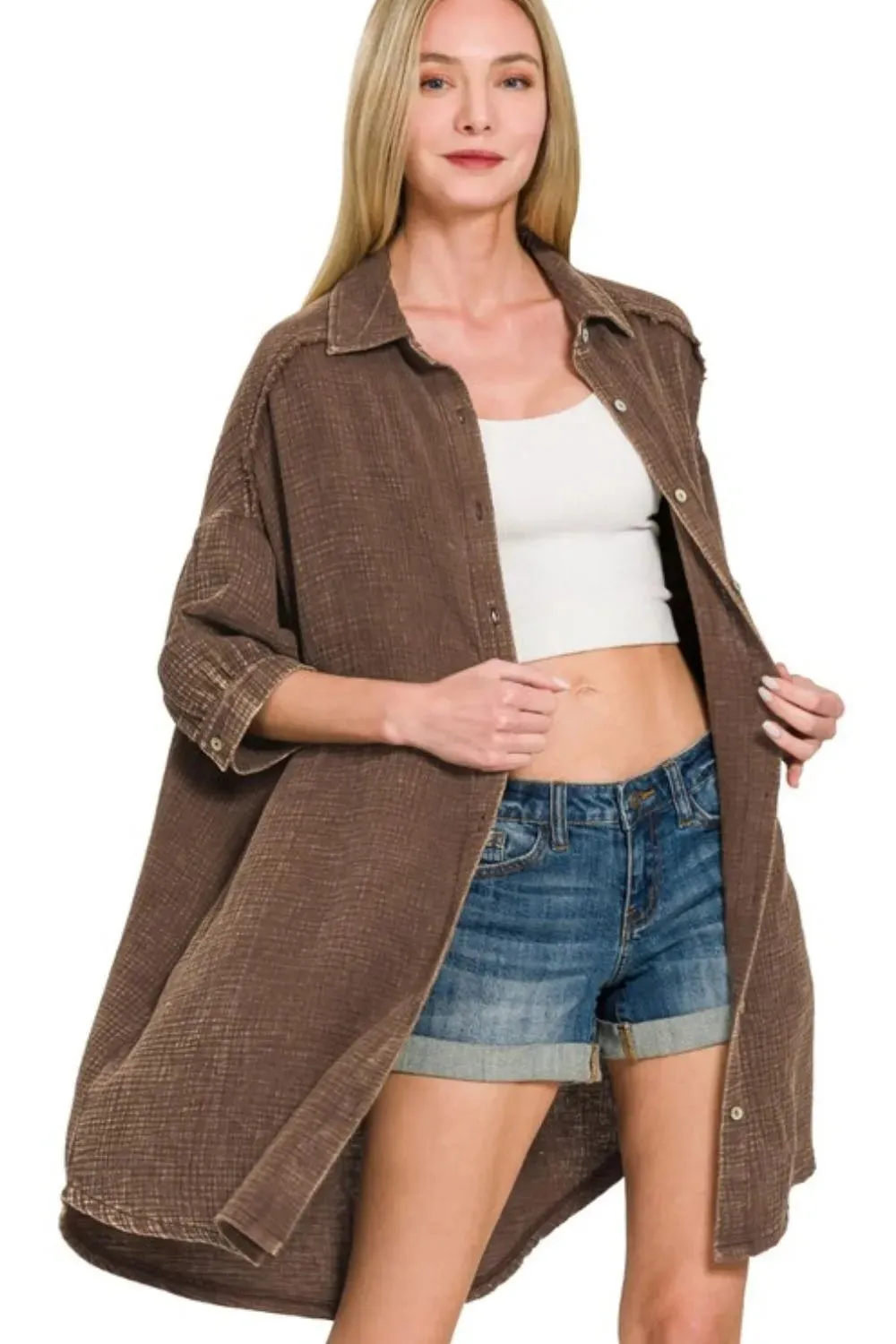 Zenana Washed Double Gauze Button Down Shirt Dress sold by Charming Charlie product image thumbnail 5