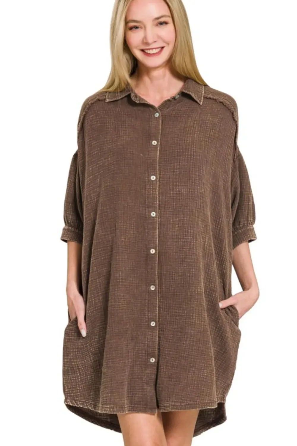 Zenana Washed Double Gauze Button Down Shirt Dress sold by Charming Charlie product image thumbnail 4