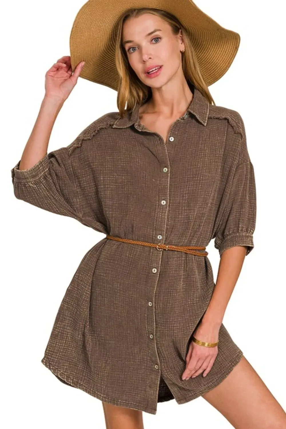Zenana Washed Double Gauze Button Down Shirt Dress sold by Charming Charlie