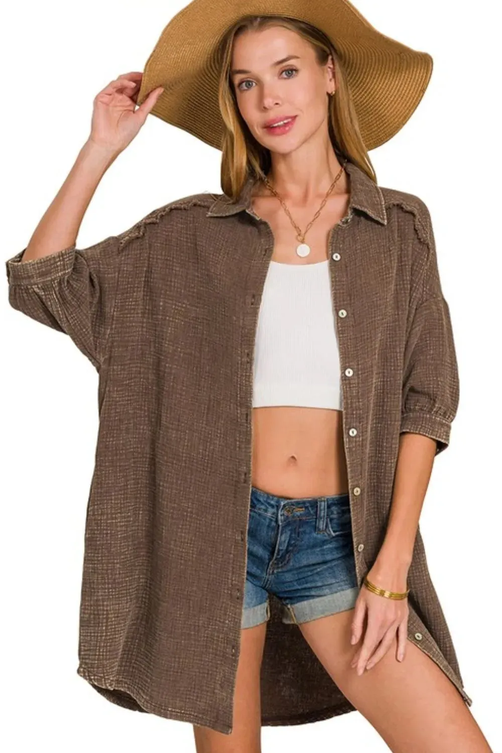 Zenana Washed Double Gauze Button Down Shirt Dress sold by Charming Charlie product image thumbnail 3