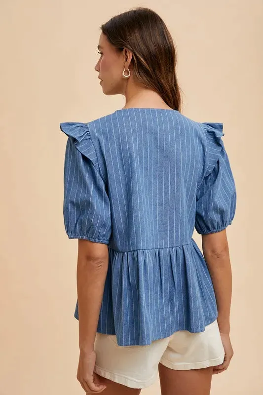 Annie Wear Stripe Front Bow Denim Peplum Blouse sold by Charming Charlie product image thumbnail 4