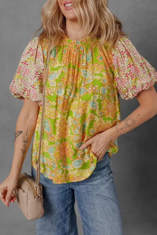 Multicolour Printed Contrast Bubble Sleeve Patchwork Blouse sold by Charming Charlie
