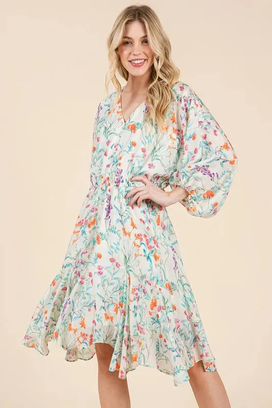 Lime 'N' Chili Floral Cinched Waist Balloon Sleeve V-Neck Dress sold by Charming Charlie