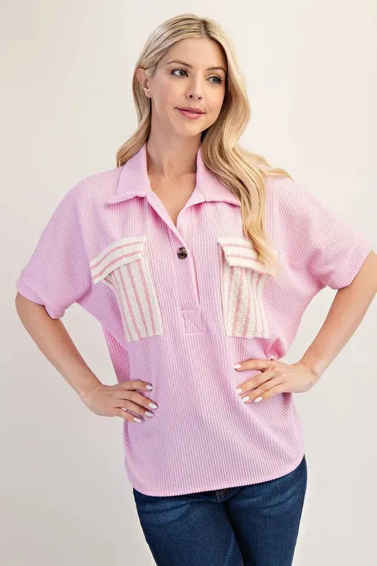 Celeste Full Size Rib Knit Collared Top with Striped Pockets Plus Size sold by Charming Charlie