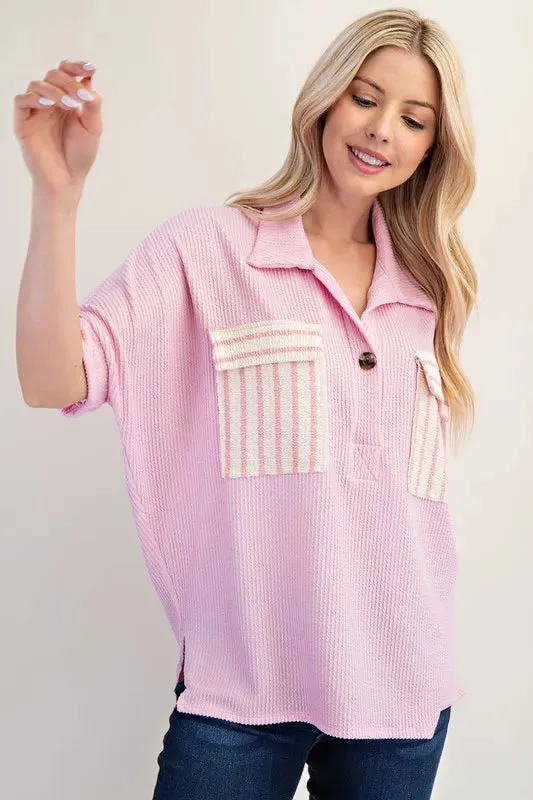 Celeste Full Size Rib Knit Collared Top with Striped Pockets Plus Size sold by Charming Charlie product image thumbnail 2